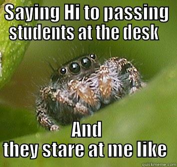 SAYING HI TO PASSING STUDENTS AT THE DESK   AND THEY STARE AT ME LIKE  Misunderstood Spider