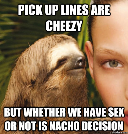 Pick up lines are cheezy but whether we have sex or not is nacho decision  rape sloth