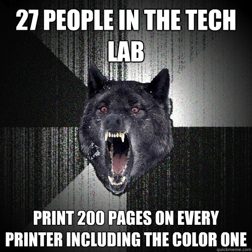 27 people in the tech lab PRINT 200 PAGES ON EVERY PRINTER INCLUDING THE COLOR ONE  Insanity Wolf