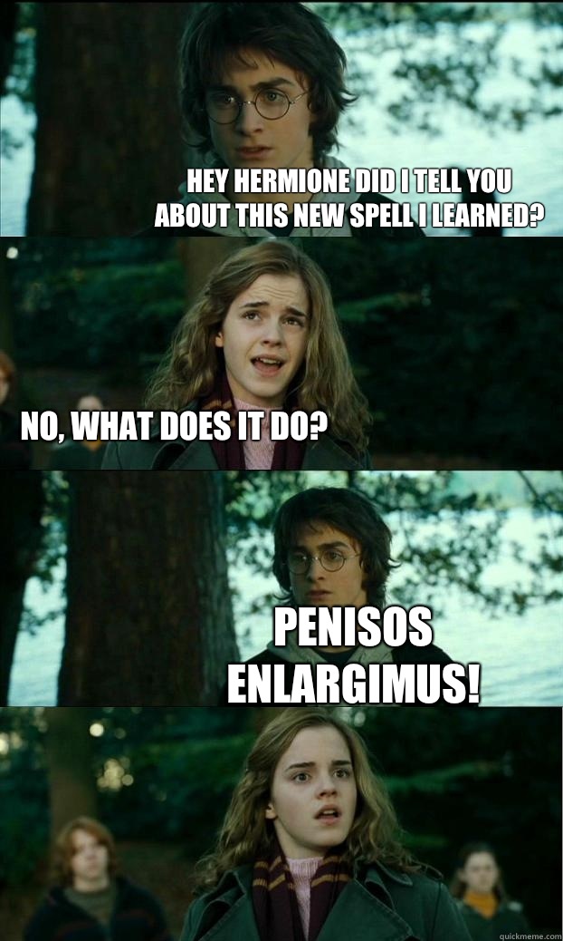 Hey Hermione did I tell you about this new spell I learned? No, what does it do? PENISOS ENLARGIMUS!  Horny Harry