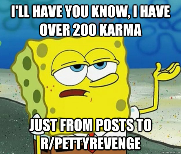 I'll have you know, I have over 200 karma just from posts to r/pettyrevenge - I'll have you know, I have over 200 karma just from posts to r/pettyrevenge  Tough Spongebob