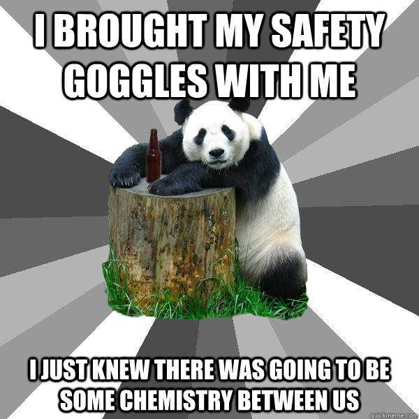 i brought my safety goggles with me i just knew there was going to be some chemistry between us - i brought my safety goggles with me i just knew there was going to be some chemistry between us  Pickup-Line Panda