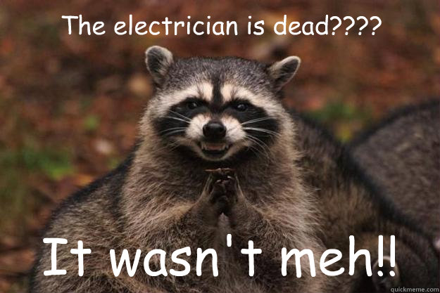 The electrician is dead???? It wasn't meh!! - The electrician is dead???? It wasn't meh!!  Evil Plotting Raccoon