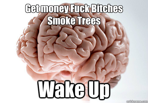 Get money Fuck Bitches 
Smoke Trees Wake Up  Scumbag Brain