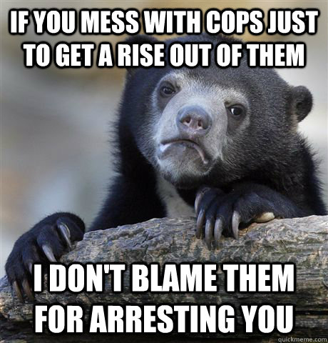 If you mess with cops just to get a rise out of them I don't blame them for arresting you  Confession Bear