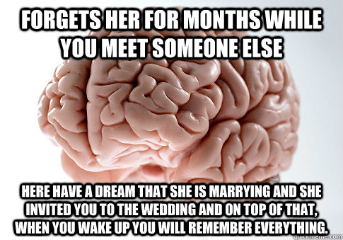 forgets her for months while you meet someone else here have a dream that she is marrying and she invited you to the wedding and on top of that, when you wake up you will remember everything.  Scumbag Brain