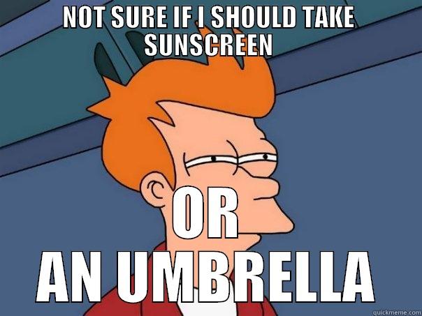 NOT SURE IF I SHOULD TAKE SUNSCREEN OR AN UMBRELLA Futurama Fry