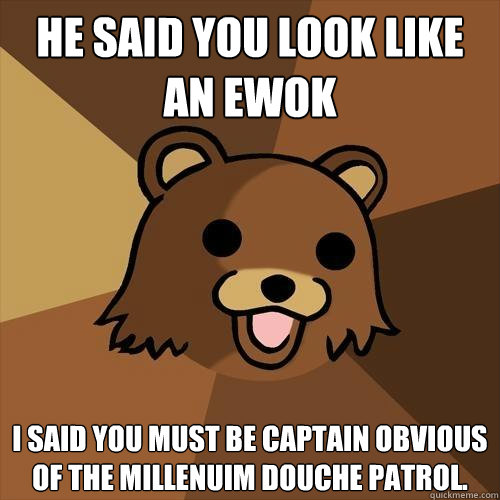 He said you look like an ewok I said you must be captain obvious of the millenuim douche patrol.  Pedobear