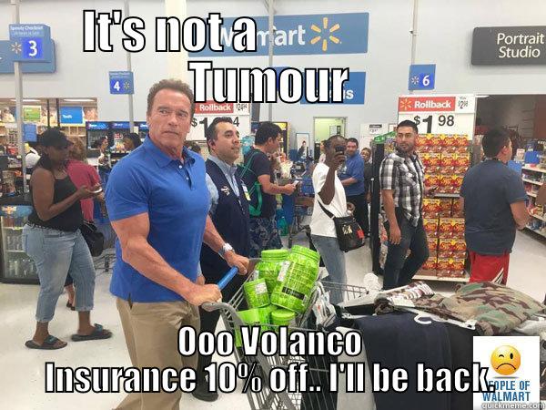 Arnie Volcano - IT'S NOT A                       TUMOUR OOO VOLANCO INSURANCE 10% OFF.. I'LL BE BACK. Misc