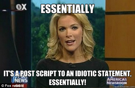 Essentially It's a post script to an idiotic statement,
Essentially! - Essentially It's a post script to an idiotic statement,
Essentially!  Megyn Kelly