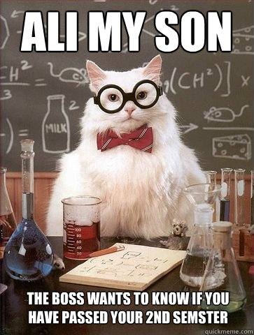 Ali my Son The boss wants to know if you have passed your 2nd semster  Chemistry Cat