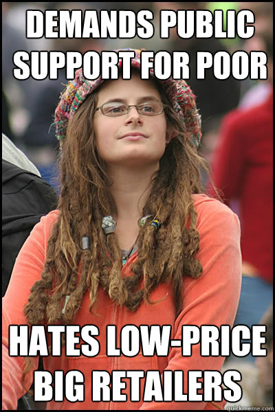 Demands public support for poor Hates low-price big retailers  College Liberal