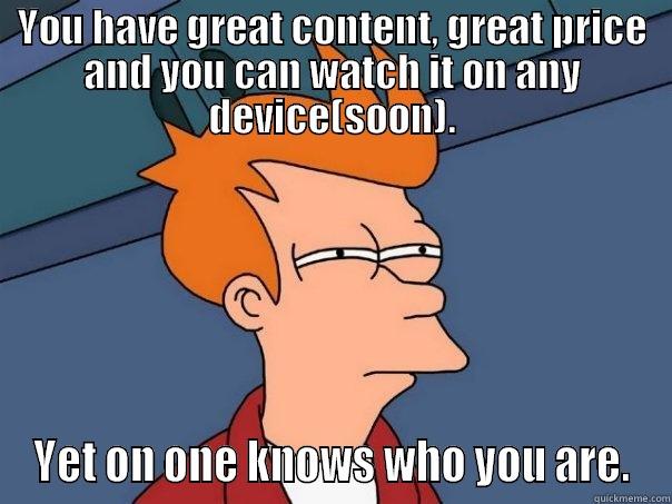 YOU HAVE GREAT CONTENT, GREAT PRICE AND YOU CAN WATCH IT ON ANY DEVICE(SOON). YET ON ONE KNOWS WHO YOU ARE. Futurama Fry