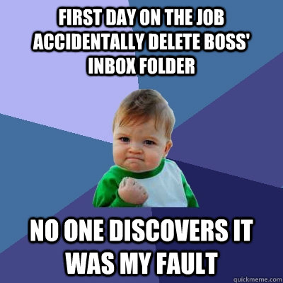 First day on the job accidentally delete boss' inbox folder No one discovers it was my fault  Success Kid