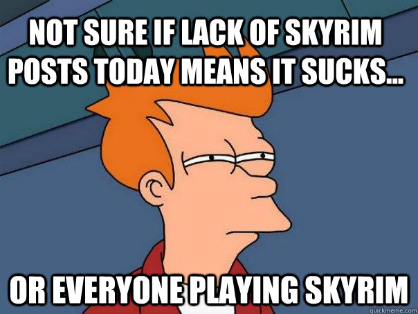 Not sure if lack of Skyrim posts today means it sucks... or everyone playing skyrim  Futurama Fry