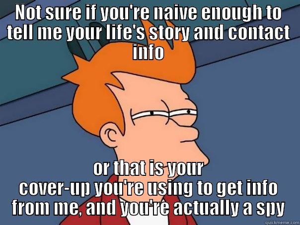 NOT SURE IF YOU'RE NAIVE ENOUGH TO TELL ME YOUR LIFE'S STORY AND CONTACT INFO OR THAT IS YOUR COVER-UP YOU'RE USING TO GET INFO FROM ME, AND YOU'RE ACTUALLY A SPY Futurama Fry