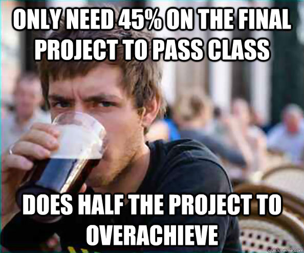 only need 45% on the Final project to pass class does half the project to overachieve   Lazy College Senior