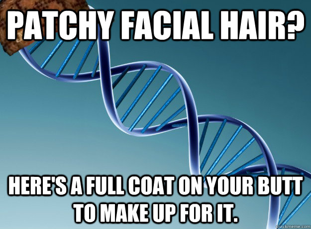 patchy facial hair? Here's a full coat on your butt to make up for it.  Scumbag Genetics