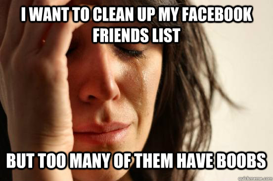 I want to clean up my facebook friends list but too many of them have boobs Caption 3 goes here  First World Problems