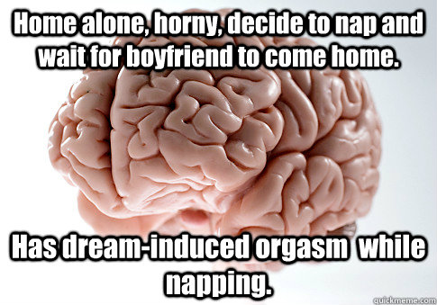 Home alone, horny, decide to nap and wait for boyfriend to come home. Has dream-induced orgasm  while napping.   Scumbag Brain