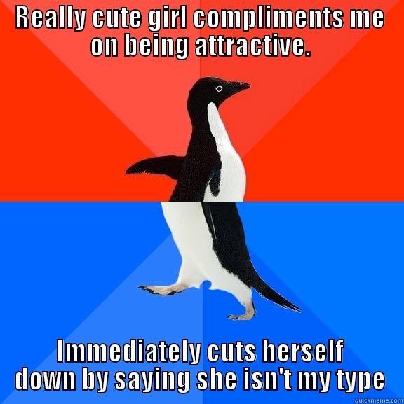 REALLY CUTE GIRL COMPLIMENTS ME ON BEING ATTRACTIVE. IMMEDIATELY CUTS HERSELF DOWN BY SAYING SHE ISN'T MY TYPE Socially Awesome Awkward Penguin