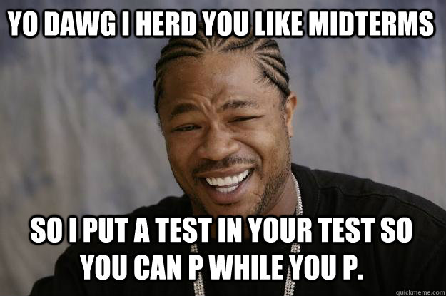 YO DAWG I HERD YOU LIKE MIDTERMS SO I PUT A TEST IN YOUR TEST SO YOU CAN P WHILE YOU P.  Xzibit meme