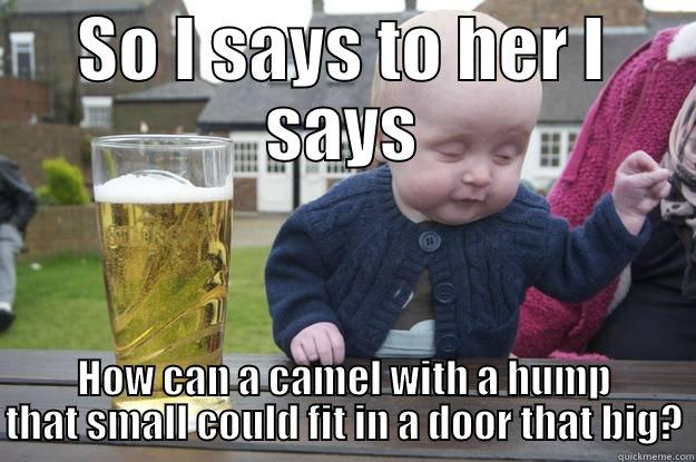 SO I SAYS TO HER I SAYS HOW CAN A CAMEL WITH A HUMP THAT SMALL COULD FIT IN A DOOR THAT BIG? drunk baby