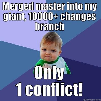 Git Conflict Resolution - MERGED MASTER INTO MY GIANT, 10000+ CHANGES BRANCH ONLY 1 CONFLICT! Success Kid