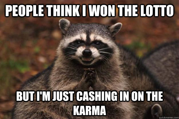 People think I won the lotto But I'm just cashing in on the karma - People think I won the lotto But I'm just cashing in on the karma  Evil Plotting Raccoon