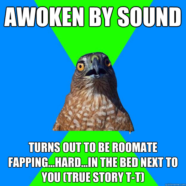 Awoken by sound turns out to be roomate fapping...hard...in the bed next to you (true story t-t)  Hawkward