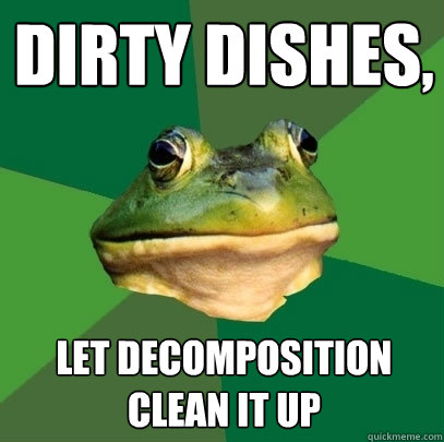 Dirty dishes, let decomposition clean it up  Foul Bachelor Frog