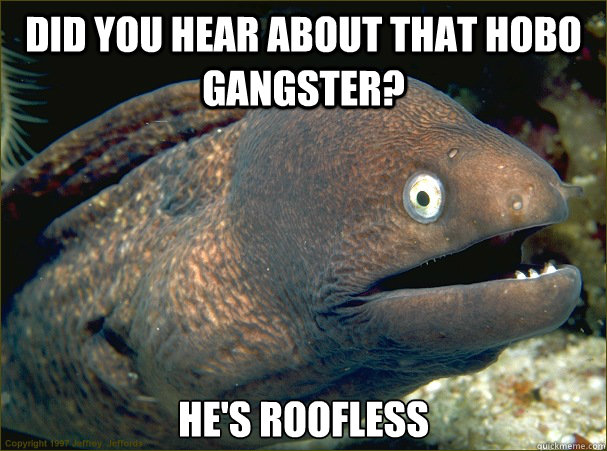 Did you hear about that hobo gangster? He's roofless  Bad Joke Eel