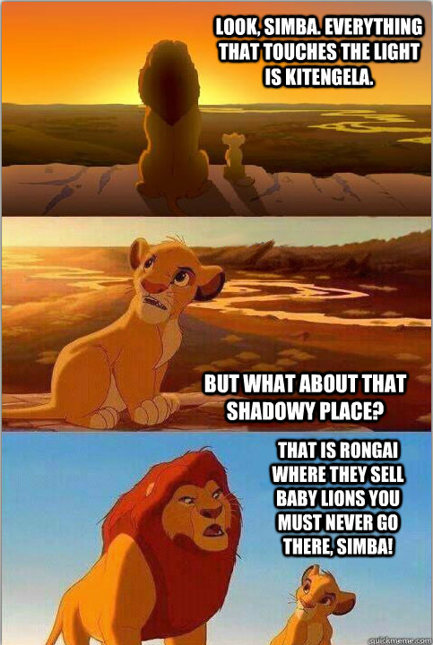 Look, Simba. Everything that touches the light is Kitengela. But what about that shadowy place? That is Rongai where they sell baby lions You must NEVER go there, Simba!  Shadowy Place from Lion King