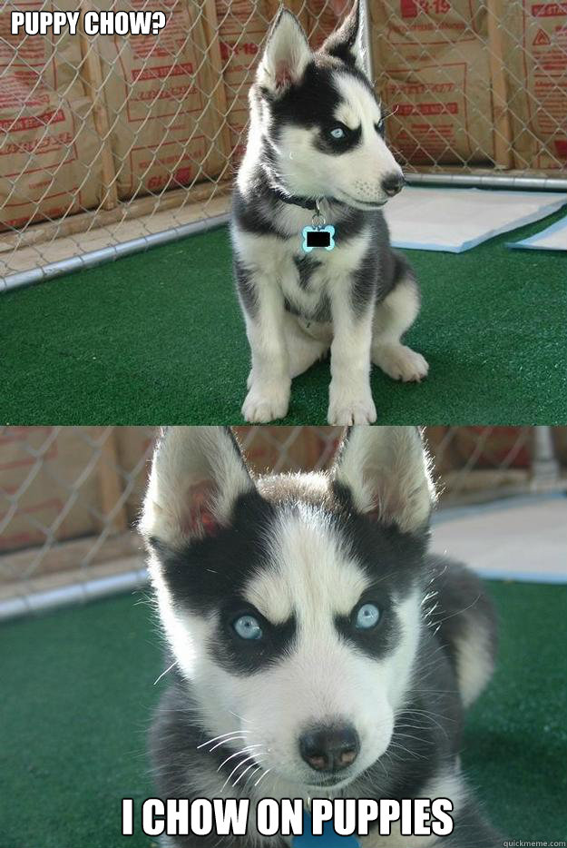 Puppy chow?
  I chow on puppies  Insanity puppy