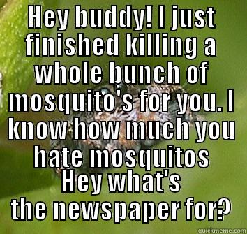 HEY BUDDY! I JUST FINISHED KILLING A WHOLE BUNCH OF MOSQUITO'S FOR YOU. I KNOW HOW MUCH YOU HATE MOSQUITOS HEY WHAT'S THE NEWSPAPER FOR? Misunderstood Spider