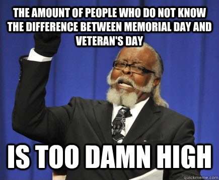 The amount of people who do not know the difference between Memorial Day and Veteran's Day Is too damn high  Too Damn High