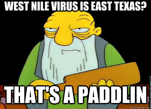 West Nile Virus is East Texas? That's a paddlin  Thats a paddlin