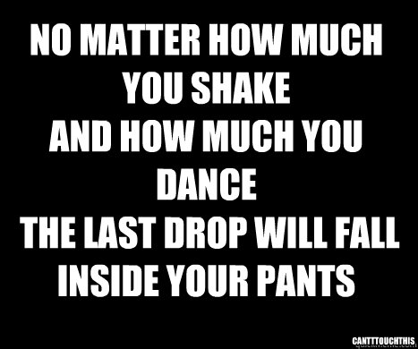 No matter how much you shake
and how much you dance
 the last drop will fall inside your pants cantttouchthis - No matter how much you shake
and how much you dance
 the last drop will fall inside your pants cantttouchthis  when taking a piss...