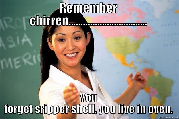 REMEMBER CHIRREN................................. YOU FORGET SRIPPER SHELL, YOU LIVE IN OVEN. Unhelpful High School Teacher