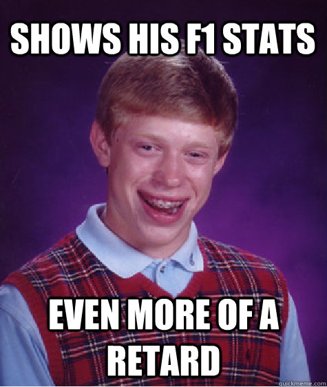 shows his f1 stats even more of a retard  Bad Luck Brian