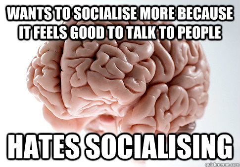 wants to socialise more because it feels good to talk to people hates socialising  Scumbag Brain