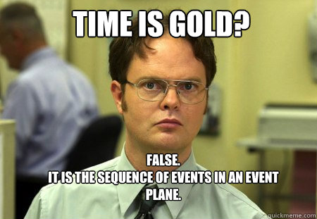 TIME IS GOLD? FALSE.  
IT IS THE SEQUENCE OF EVENTS IN AN EVENT PLANE. - TIME IS GOLD? FALSE.  
IT IS THE SEQUENCE OF EVENTS IN AN EVENT PLANE.  Schrute