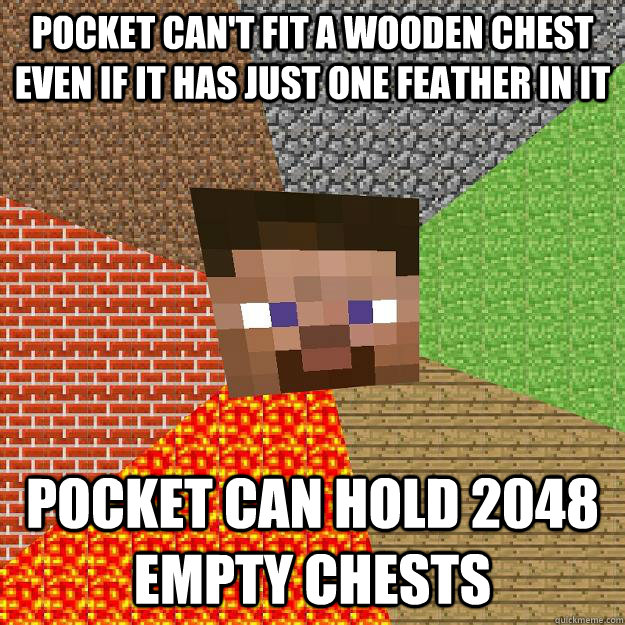 pocket can't fit a wooden chest even if it has just one feather in it pocket can hold 2048 empty chests - pocket can't fit a wooden chest even if it has just one feather in it pocket can hold 2048 empty chests  Minecraft