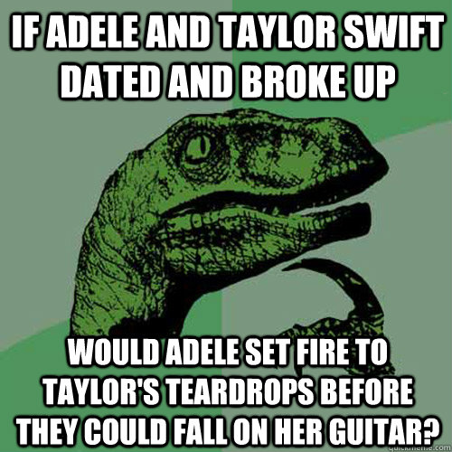 if adele and taylor swift dated and broke up would adele set fire to taylor's teardrops before they could fall on her guitar?  Philosoraptor