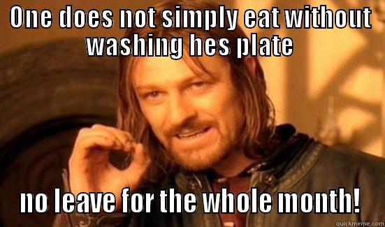 ONE DOES NOT SIMPLY EAT WITHOUT WASHING HES PLATE NO LEAVE FOR THE WHOLE MONTH! Boromir