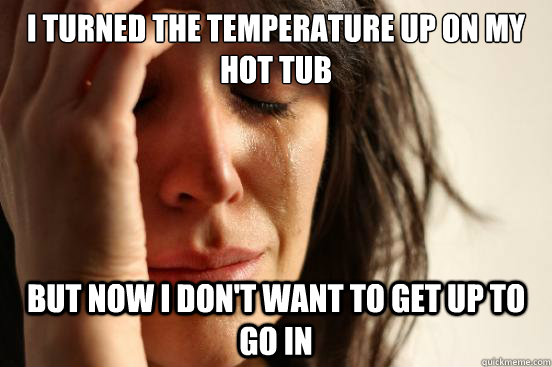 i turned the temperature up on my hot tub but now i don't want to get up to go in - i turned the temperature up on my hot tub but now i don't want to get up to go in  First World Problems