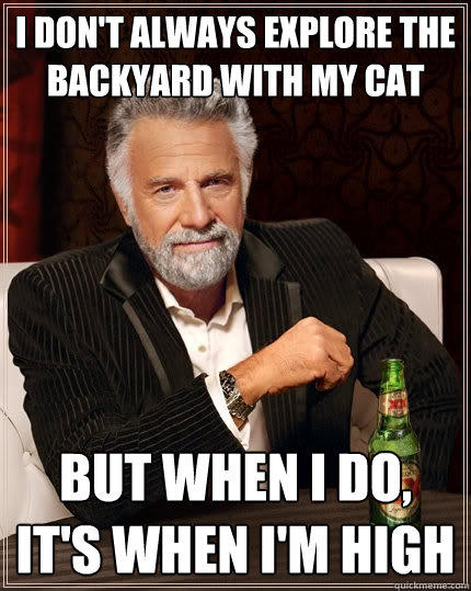 I DON'T ALWAYS EXPLORE THE BACKYARD WITH MY CAT but when i do, it's when I'm high - I DON'T ALWAYS EXPLORE THE BACKYARD WITH MY CAT but when i do, it's when I'm high  The Most Interesting Man In The World