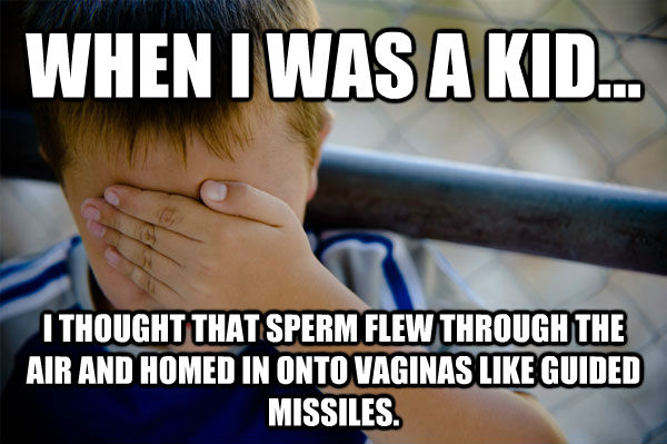 WHEN I WAS A KID... I THOUGHT THAT SPERM FLEW THROUGH THE AIR AND HOMED IN ONTO VAGINAS LIKE GUIDED MISSILES.  Confession kid