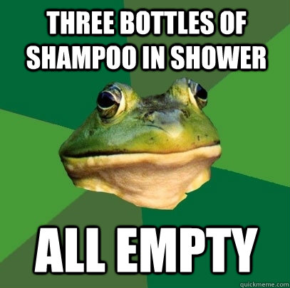 three bottles of shampoo in shower all empty - three bottles of shampoo in shower all empty  Foul Bachelor Frog