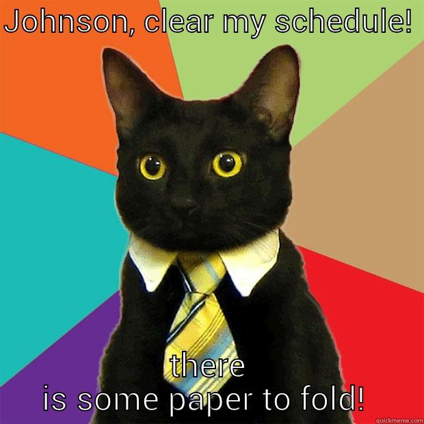 JOHNSON, CLEAR MY SCHEDULE!  THERE IS SOME PAPER TO FOLD!  Business Cat